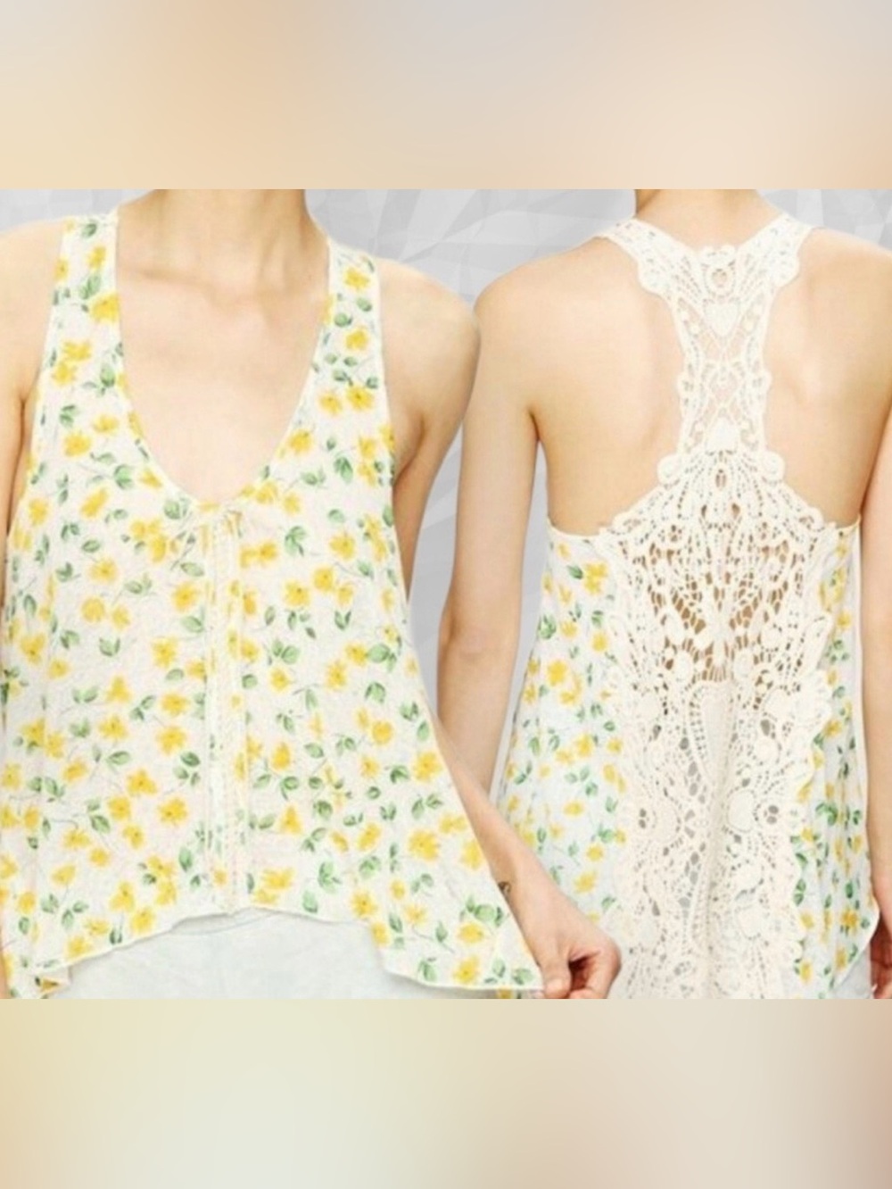 New Free People Floral Crochet Back Tank Top ~ Dainty Yellow Flower